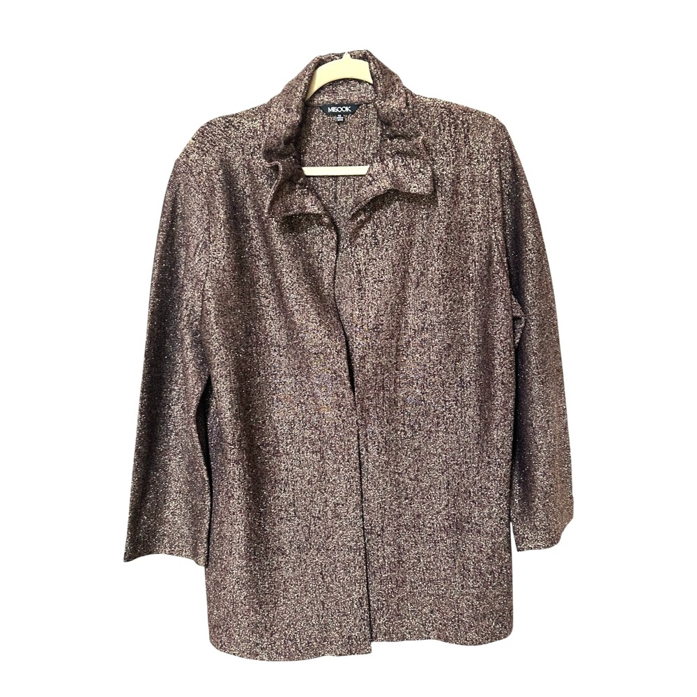 VTG Y2K Misook Gold Black Shimmer Knit Jacket Ruched Elastic Collar 1X EUC - Picture 2 of 11